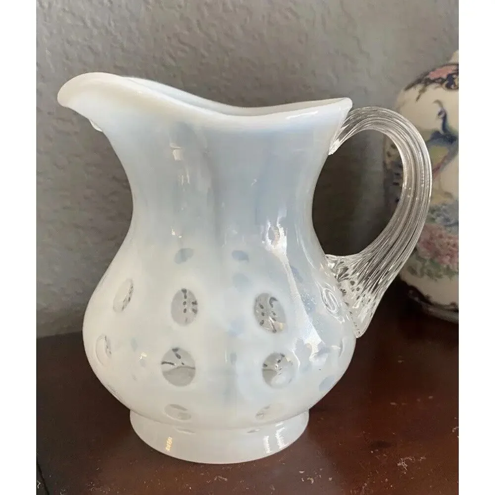 Vintage Fenton White Coin Dot Creamer Pitcher Small Opalescent 4” Glass Vase